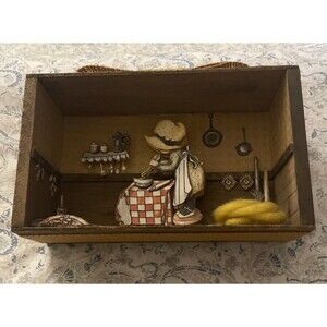 Vintage 1974 Folk Art Wooden 3D Diorama Shadow Box Wall Hanging Still Life 6"×8"